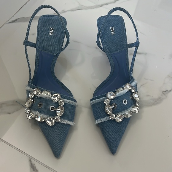 Zara Blue Denim Women's Heels with Crystal Embellishments - Picture 2 of 7